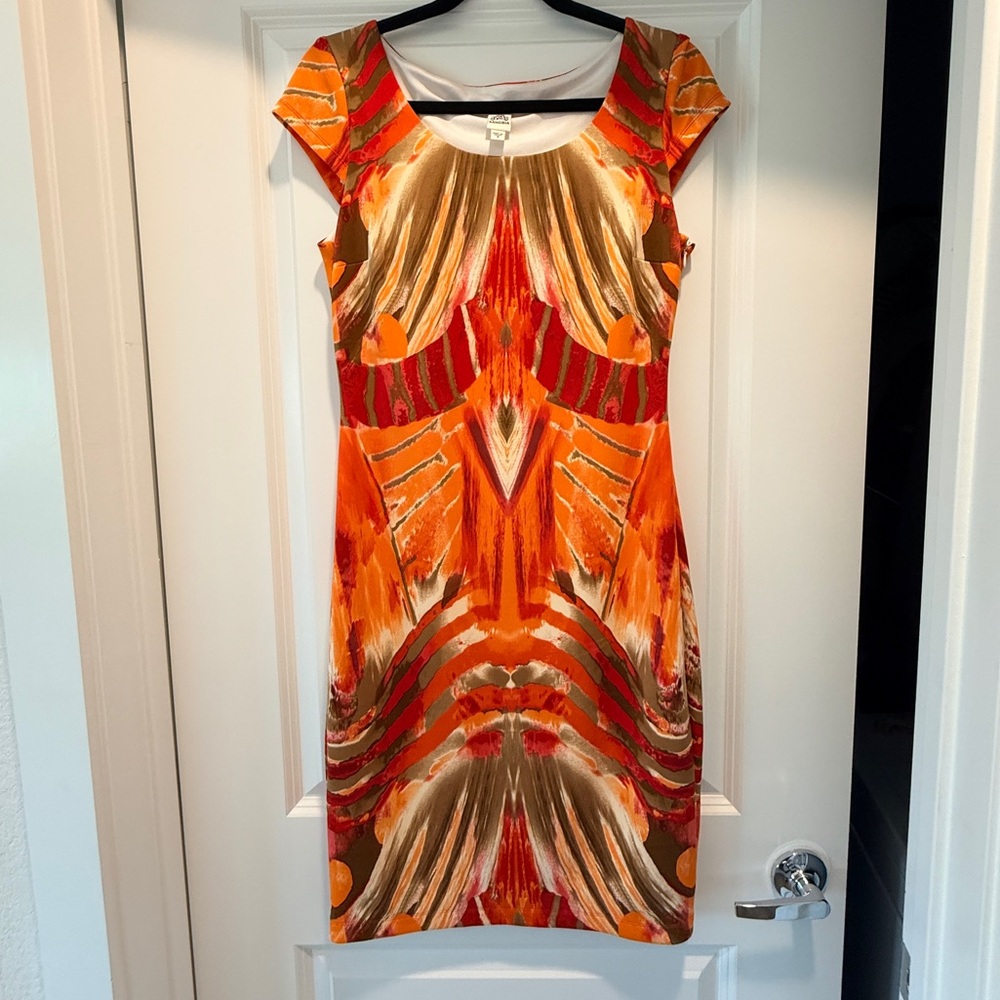 Sangria Vibrant Orange Abstract Print Cap-Sleeve Dress